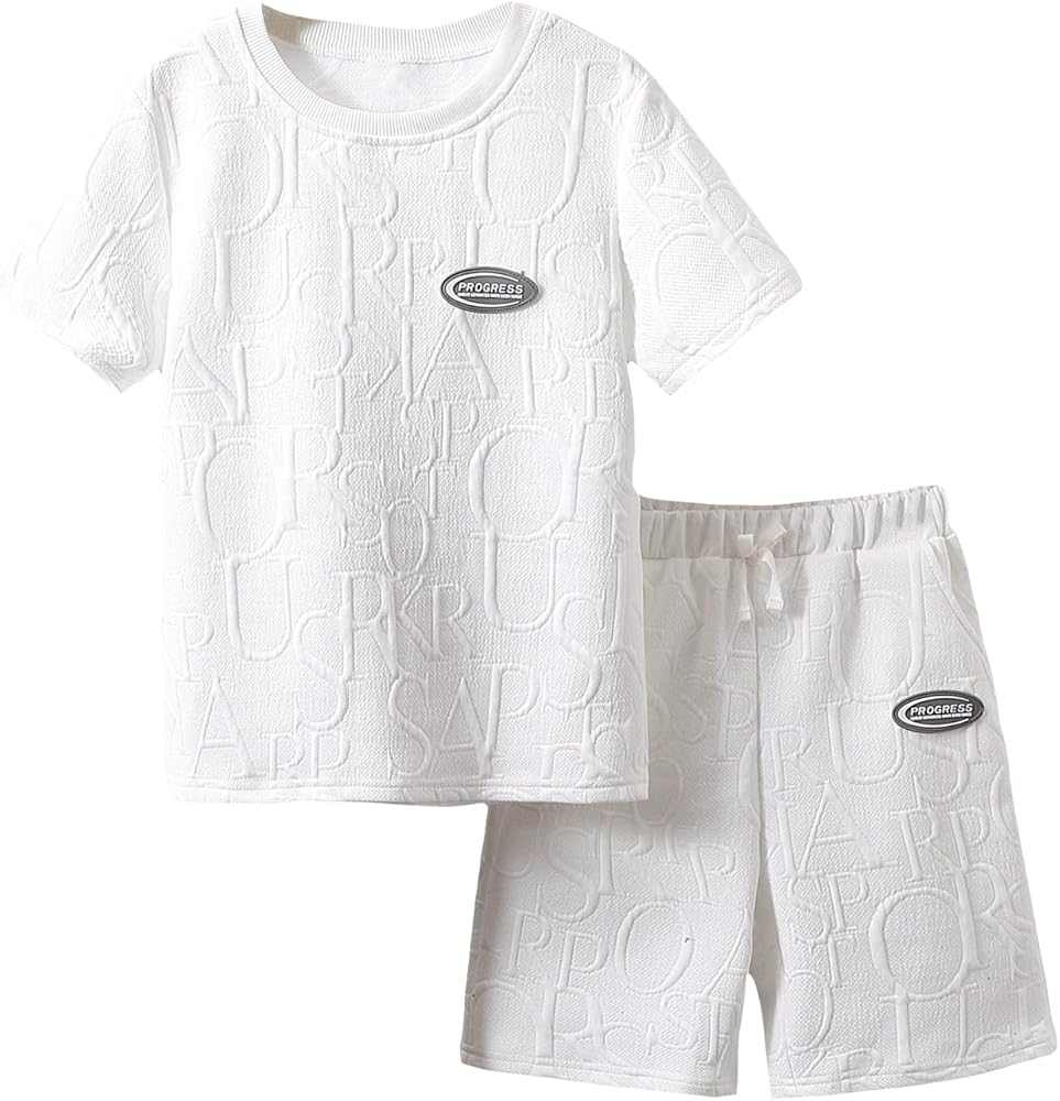 SHENHE Boy's 2 Piece Letter Patched Short Sleeve Tee Top with Drawstring Waist Shorts Set Tracksuit