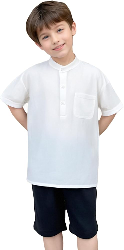 Boys Henley Shirts Solid Cotton Button Down Short Sleeve Pocket Casual Tops Tees 6-11Y