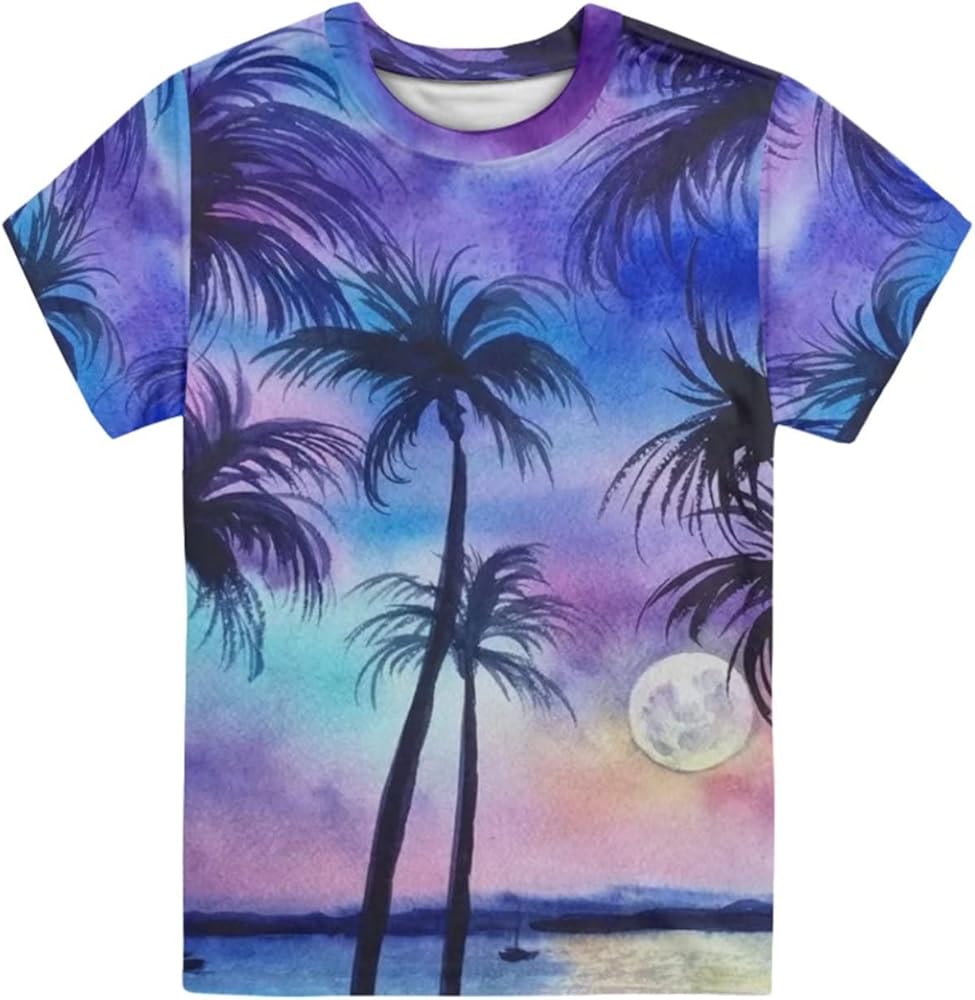 doginthehole Tropical Hawaiian Print T-Shirt for Girls Boys Short Sleeve Crewneck Tees Shirts Sport Pullover Tshirts Tops