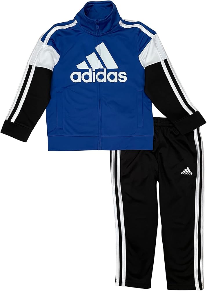 adidas Boys' Tricot Jacket & Pant Clothing Set (2T, Blue/White/Black)