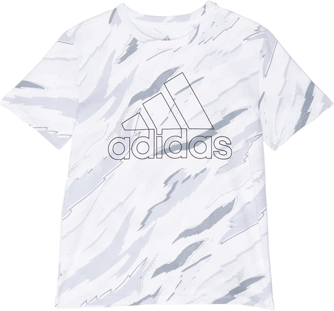 adidas Boys' Short Sleeve Cotton Allover Camo BoS Logo T-Shirt, White, 5