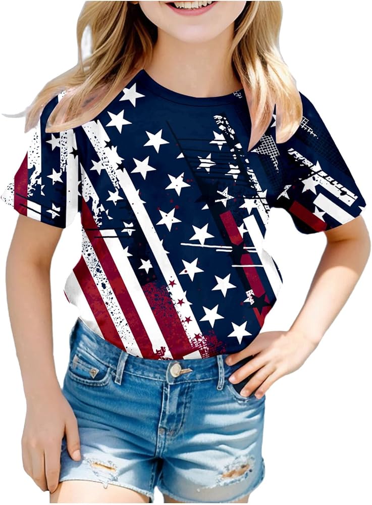 4th of July Outfits for Girls Boys 3D Graphic Printed T-Shirts Cute Short Sleeve Round Neck Independence Day Tops Tees 3-10 Years,Boys 4Th of July Shirts,4Th of July T Shirts for Kids Dark Blue