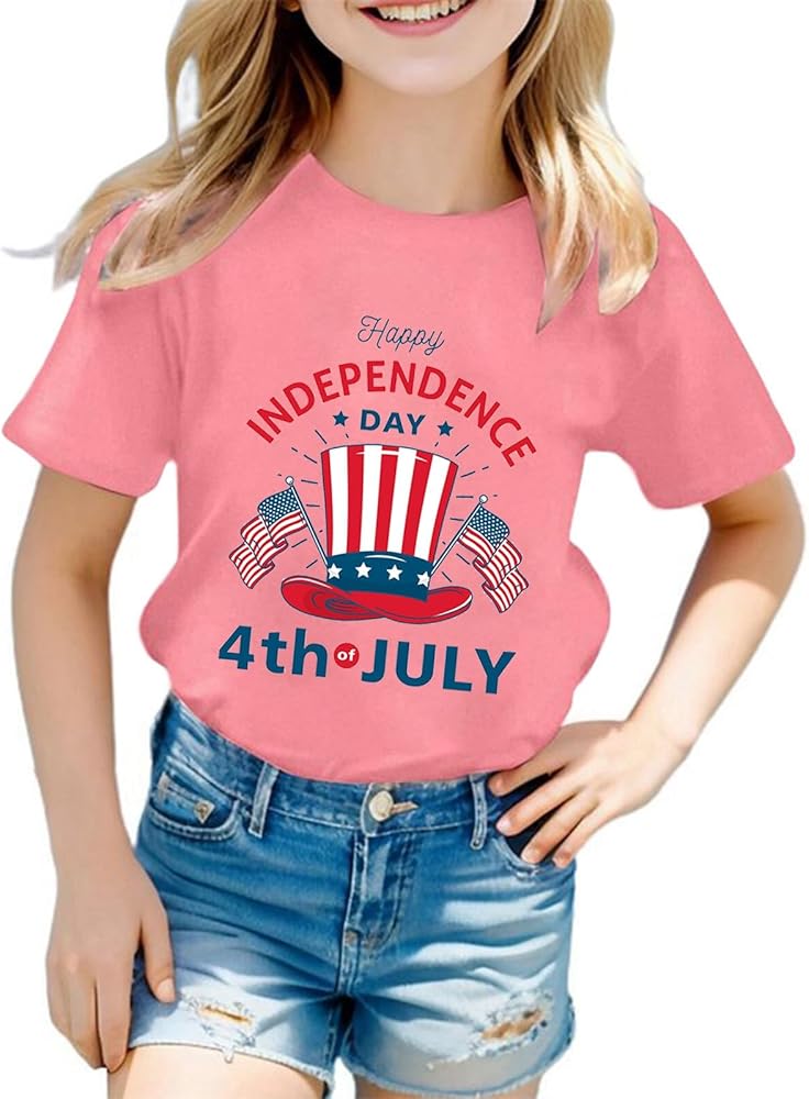 4th of July Outfits for Girls Boys 3D Graphic Printed Tees Shirt Classic Short Sleeve Crewneck Independence Day Tops Tees 3-10 Years,Toddler Boy 4Th of July,4Th of July Shirts Toddler Boy Pink