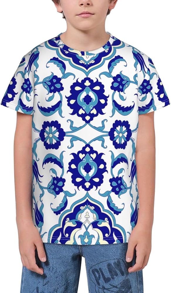 Oriental Endless Ceramic Floral Teen Boys Short Sleeve Crew Neck T-Shirt Casual Tee Tops for Youth Kids