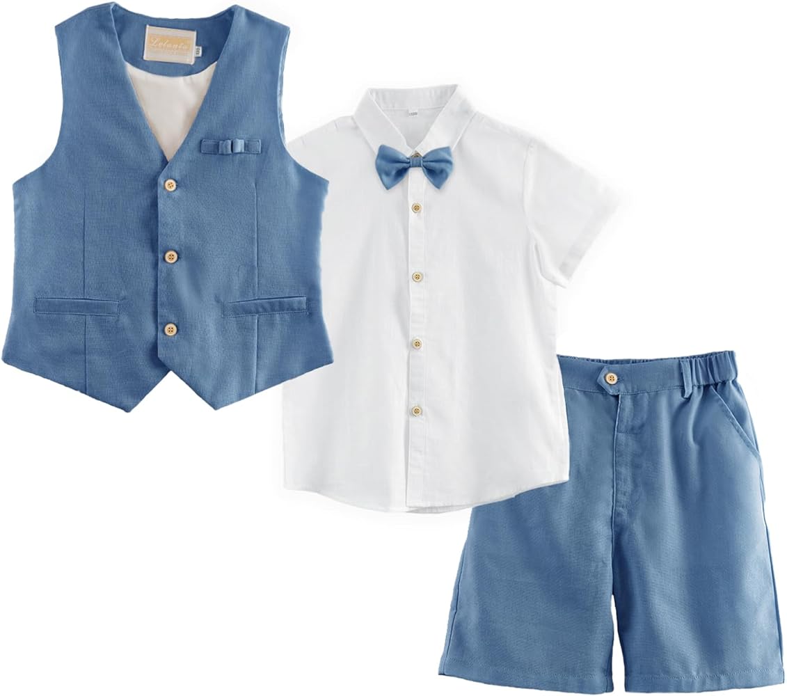 LOLANTA Boys Linen Suit 4 Piece Summer Gentleman Outfit Kids Dress Vest Shirt Shorts Set for Beach Wedding Graduation