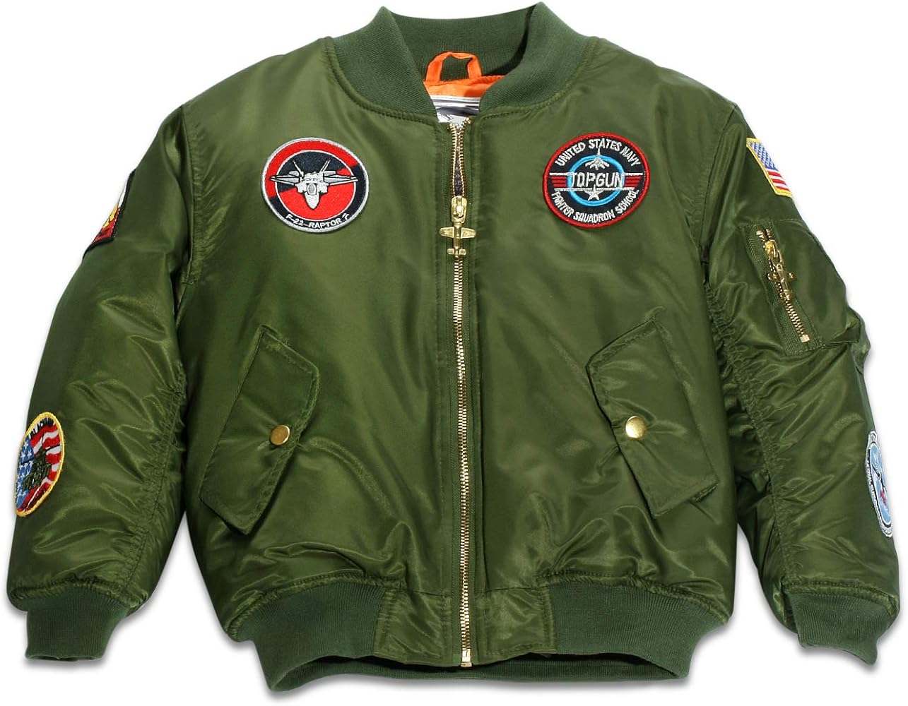 Children's Medium-Weight MA-1 Flight Jacket in Green With Seven Patches