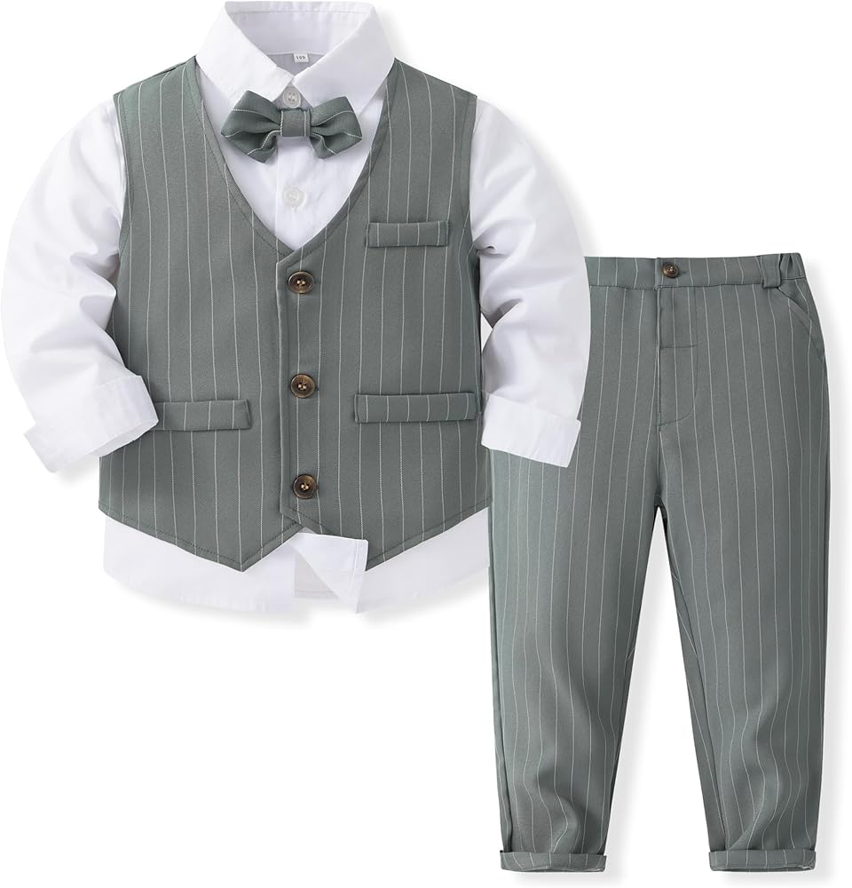 Kimocat Boys 3Pcs Clothing Sets Elegant Long Sleeve Shirts + Vest with Flower+Pants Party Suit