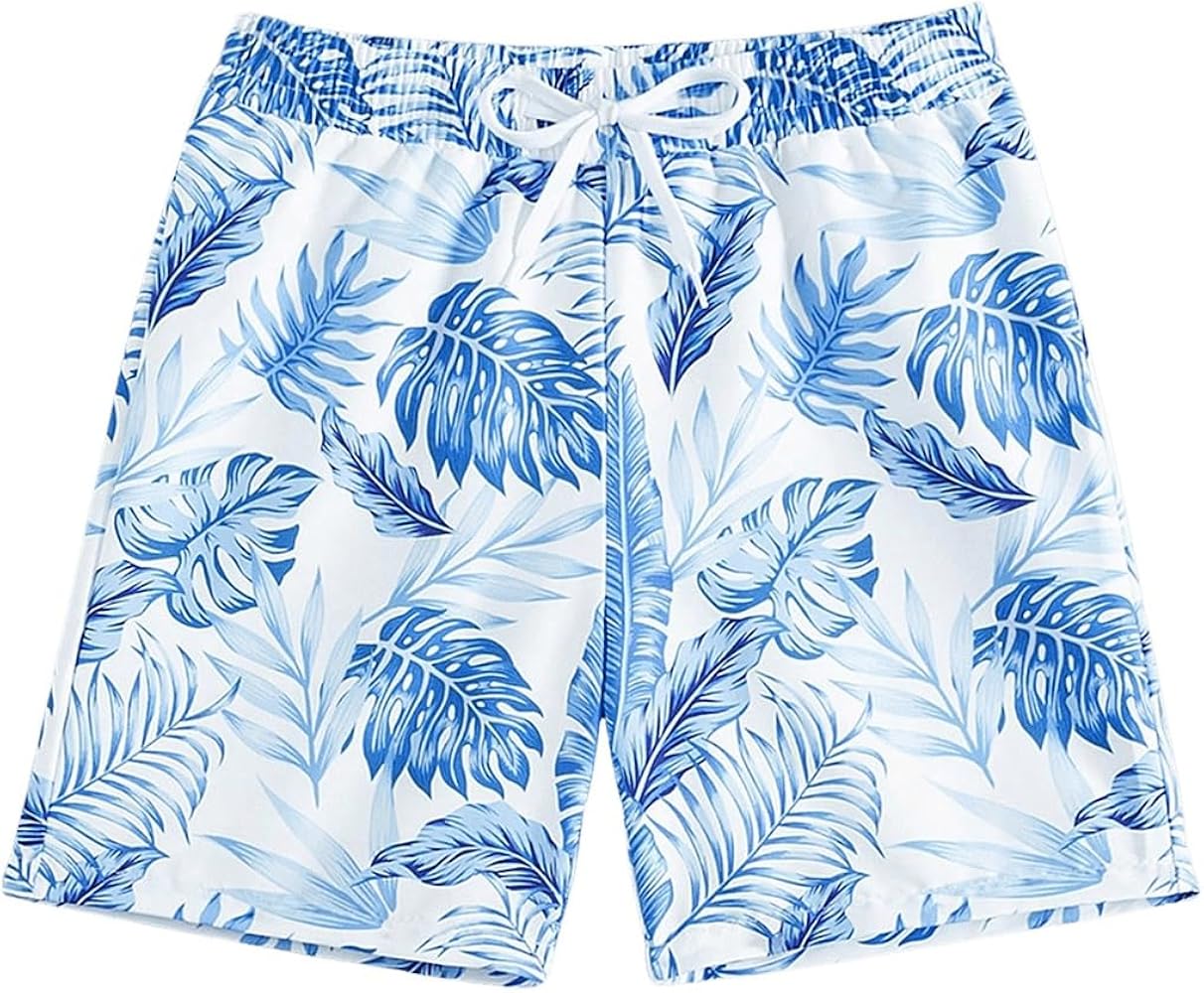 Floerns Boy's Boho Tropical Tree Print Swimwear Drawstring Elastic Waist Beach Shorts