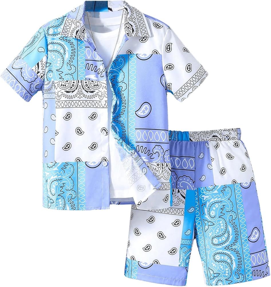 SOLY HUX Boy's Summer 2 Piece Outfits Boho Paisley Print Short Sleeve Button Down Shirt and Shorts Set