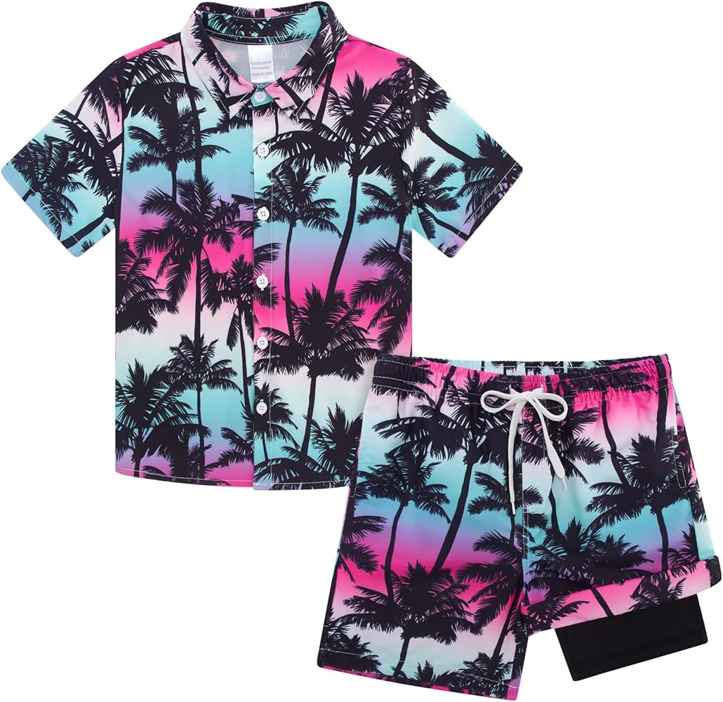 UNICOMIDEA Boys Hawaiian Outfits Tropical Print Button Down Shirt + Swim Trunks 2 Piece Sets for 5-12T Kids