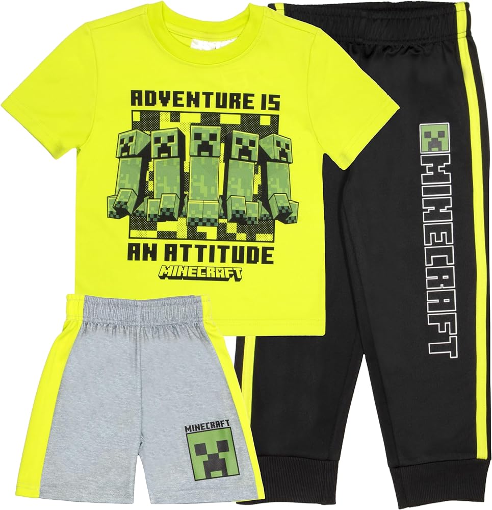 Minecraft Boys 3-Piece Pants Set - Short Sleeve T-Shirt, Shorts, & Jogger Pants 3-Pack Bundle Set for Boys