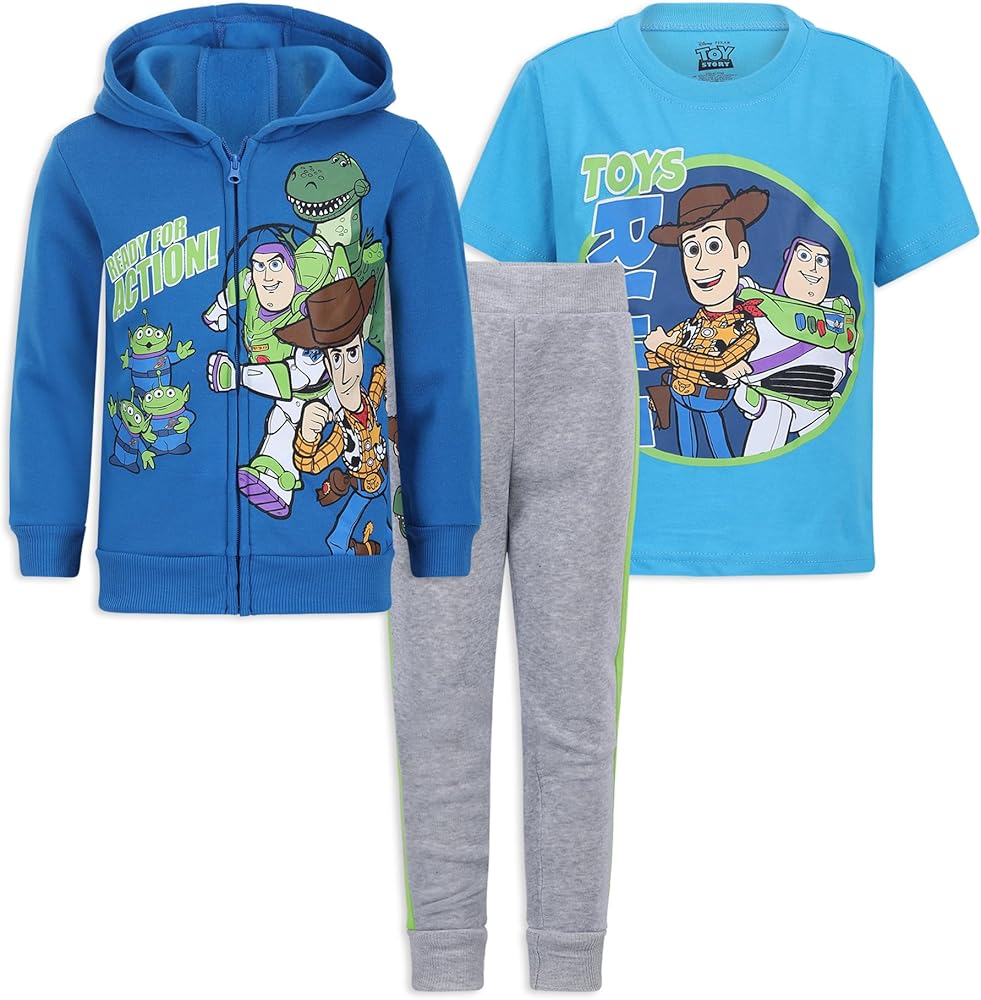 Disney Toy Story Boys T-Shirt, Zip Up Hoodie and Jogger Pants Set for Toddler and Little Kids – Green/Blue