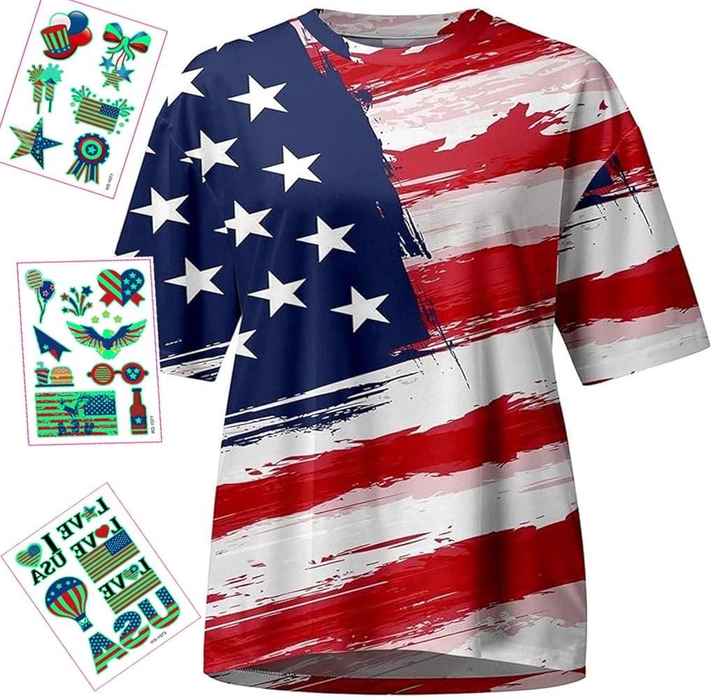 Boys Girls 4th of July Toddler Tees American Flag Patriotic T-Shirt Kids Tattoo Sticker Independence Day Short Sleeve Tops