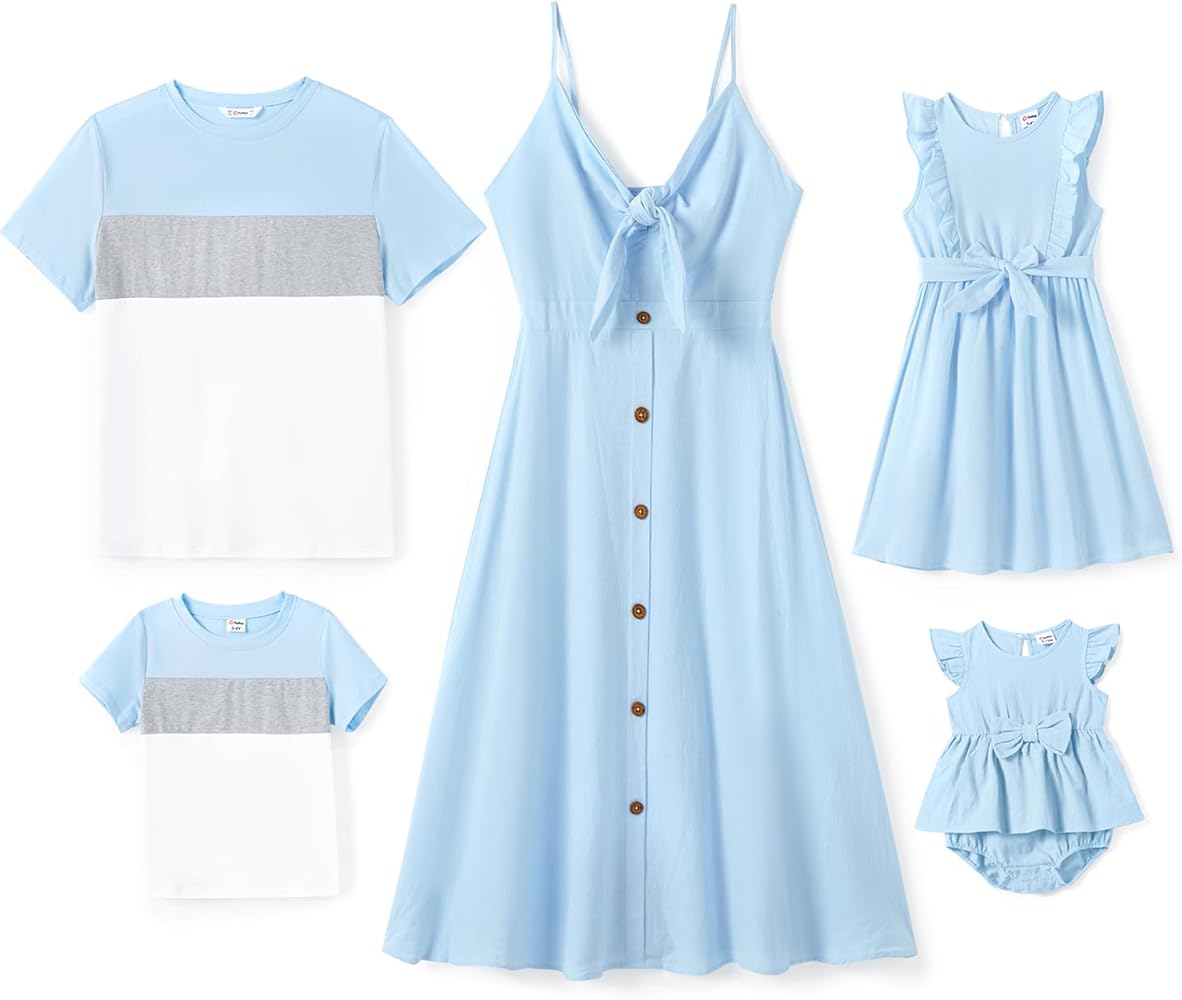 PATPAT Matching Family Outfits Mommy and Me Spaghetti Strap Casual Sleeveless Dresses and Short-Sleeve T-Shirts Sets