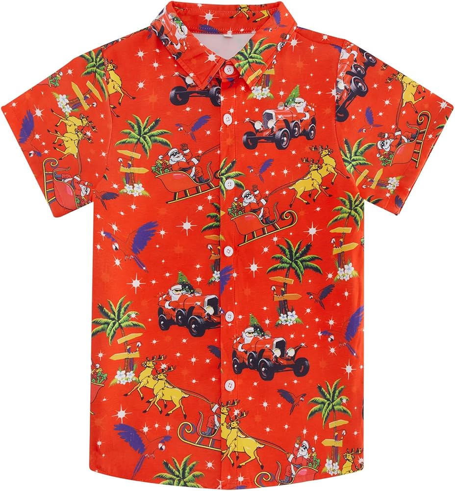 uideazone 5-12 Years Boys Ugly Christmas Hawaiian Shirt Button Down Short Sleeve Tropical Santa Shirts