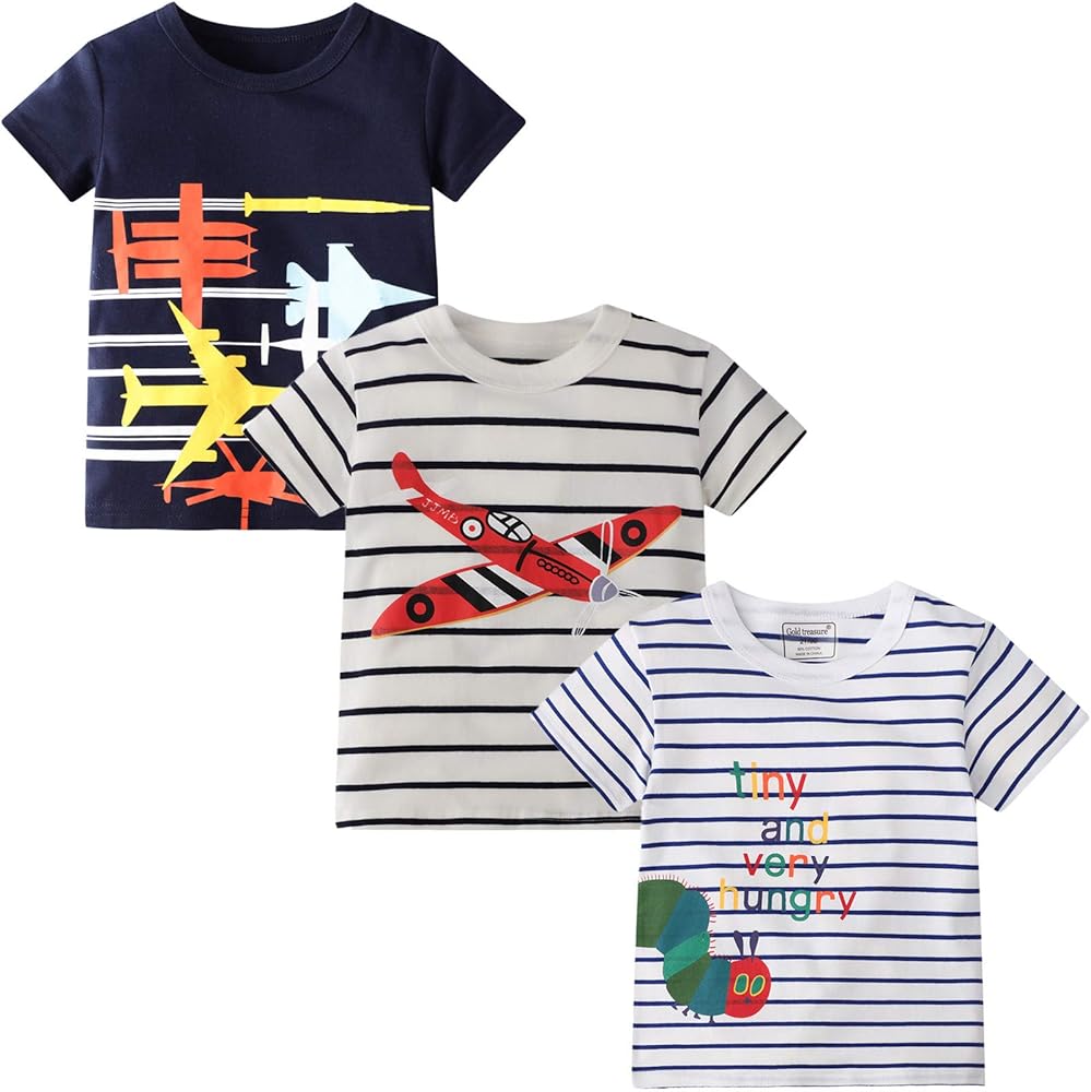 Boy Short Sleeve Shirt Summer Top Tee Cotton Casual Crewneck Aircraft Stripe Graphic T-Shirts 3Packs Set Size 6