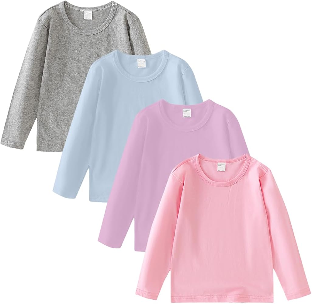 4 Pack Cotton Long Sleeve Tee Shirts for Boys and Girls Kids Toddlers' Basic Crewneck Tops T-Shirts