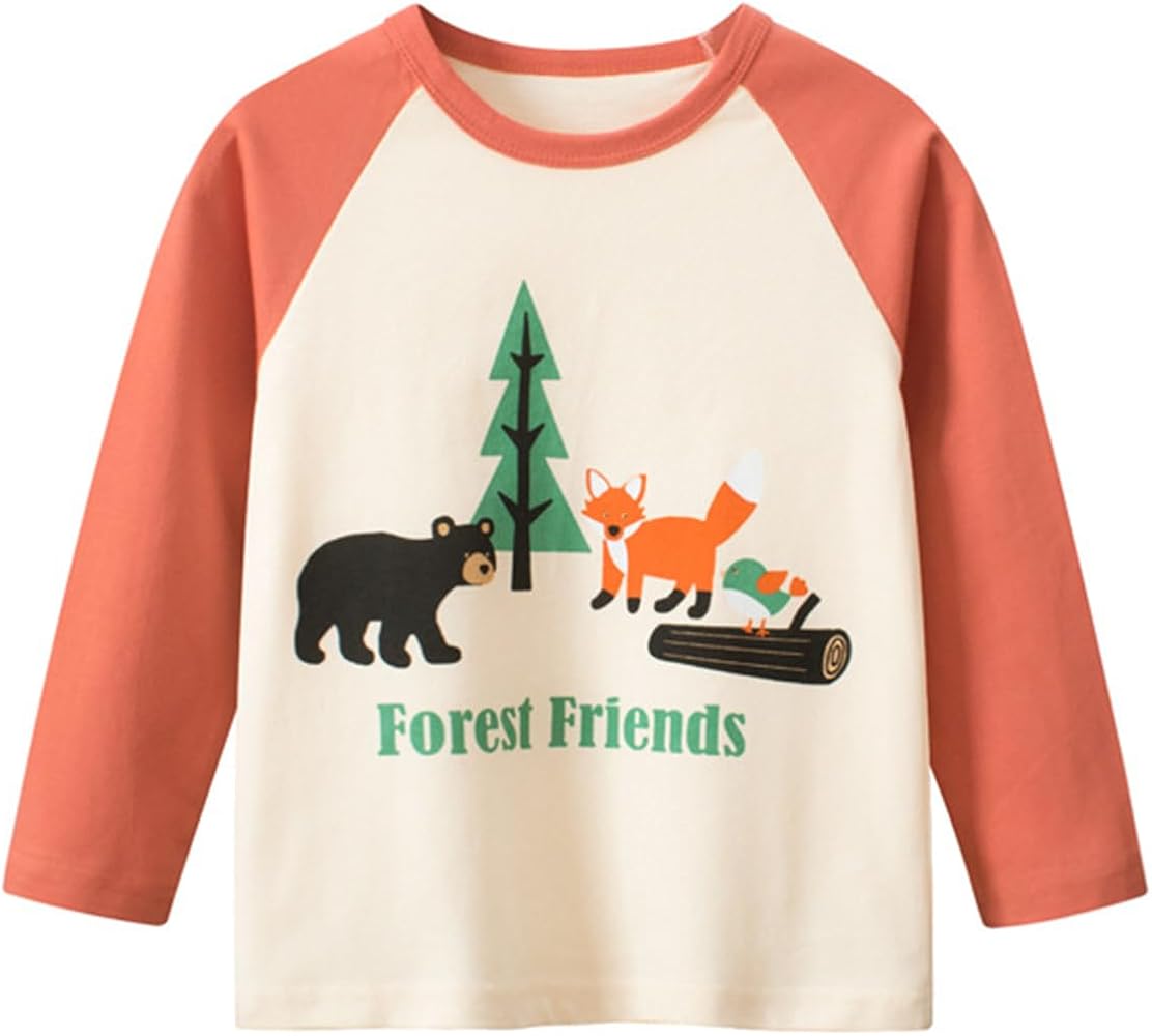 Boys Basic T-Shirt Casual Crew Neck Long Sleeve Top Comfort Soft Color Blocking Cartoon Printed Tees