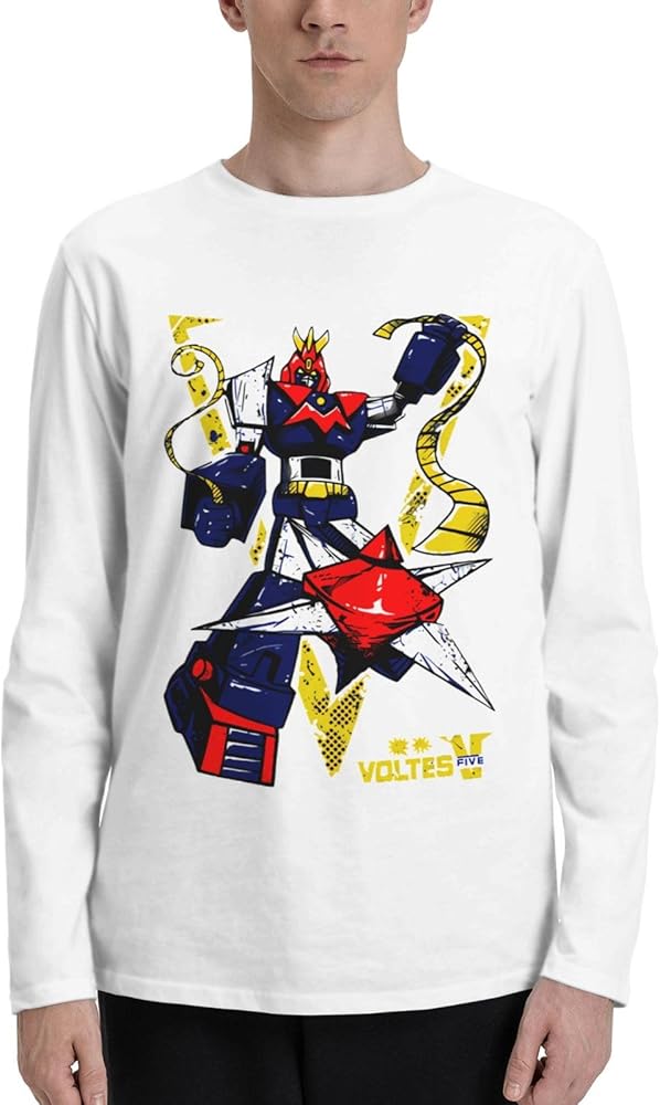 Anime Voltes V T Shirt Men's Summer Round Neck Shirts Casual Long Sleeve Tee White