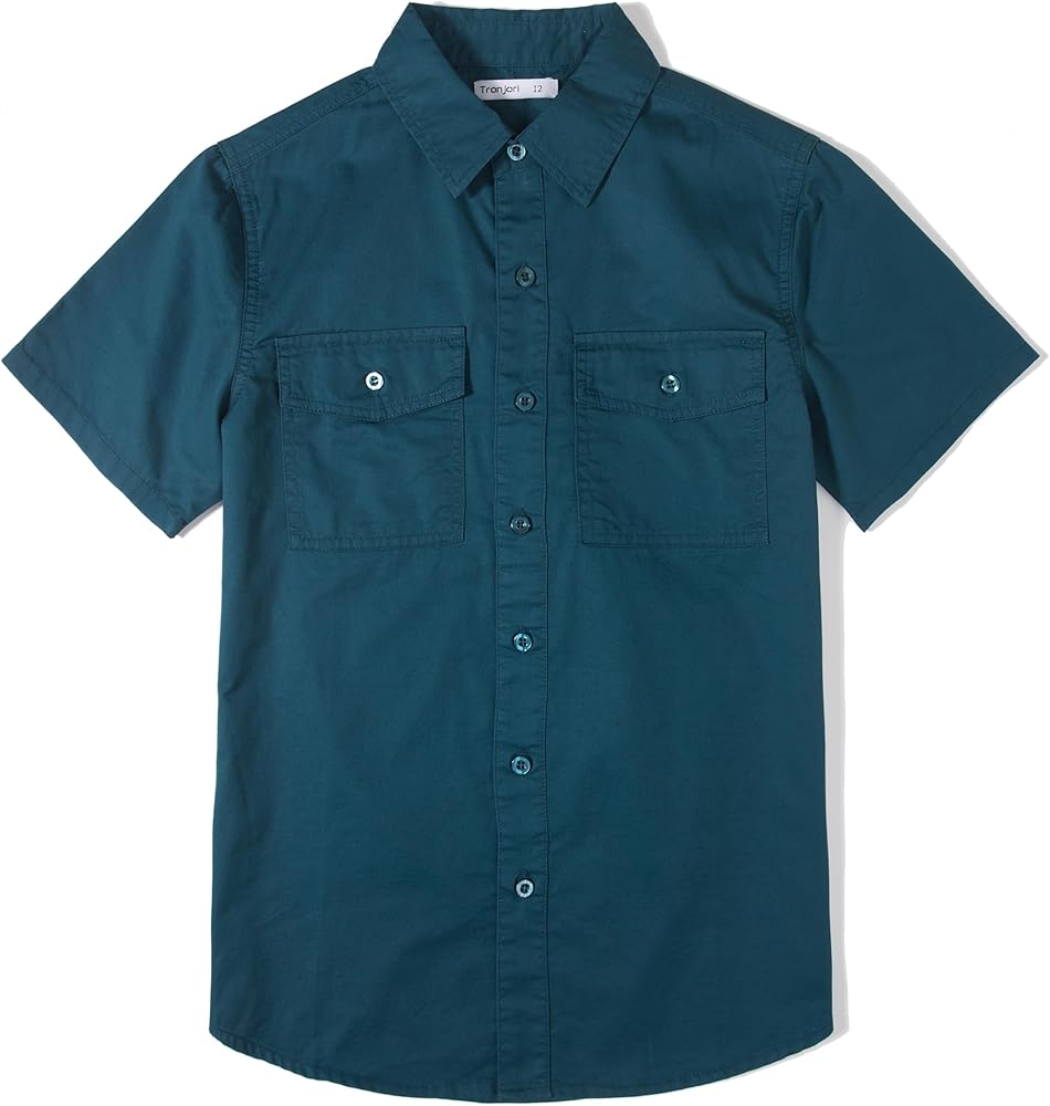 Tronjori Boys Short Sleeve Button Down Casual Woven Shirt Two Pockets