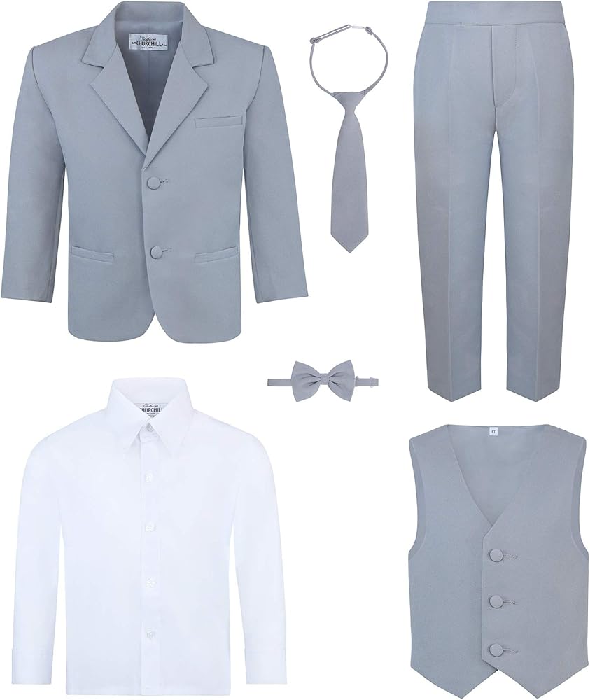 Boy's 5-Piece Suit Set - Includes Suit Jacket, Dress Pants, Matching Vest, White Dress Shirt, Neck Tie