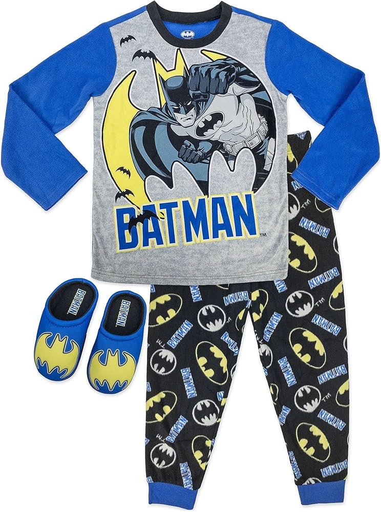 BATMAN 2 Piece Fleece PJ Sleepwear Pajama Set for Boys with Matching Cozeez Slippers - Sizes 4/5 to 10/12