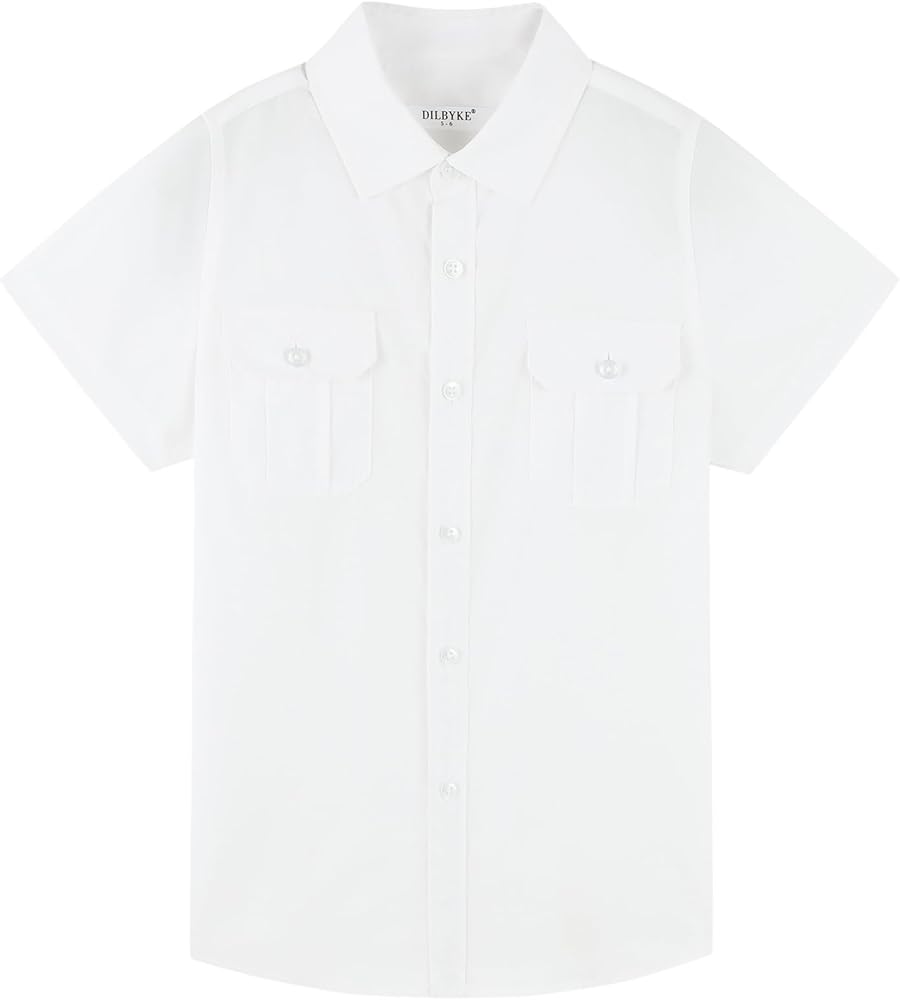 Boys Short Sleeve Dress Shirt Solid Button Down Uniform Casual Woven Shirts with Two Pockets