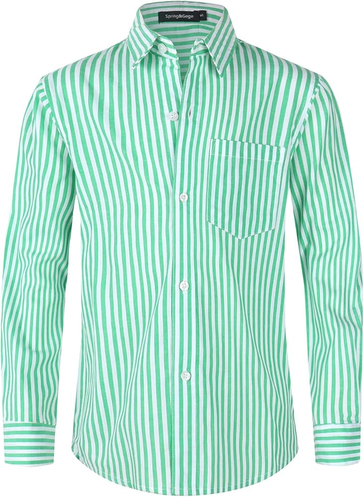 Spring&Gege Boys Button Down Dress Shirt Long Sleeve Casual Vertical Striped Shirt（3-14 Years）