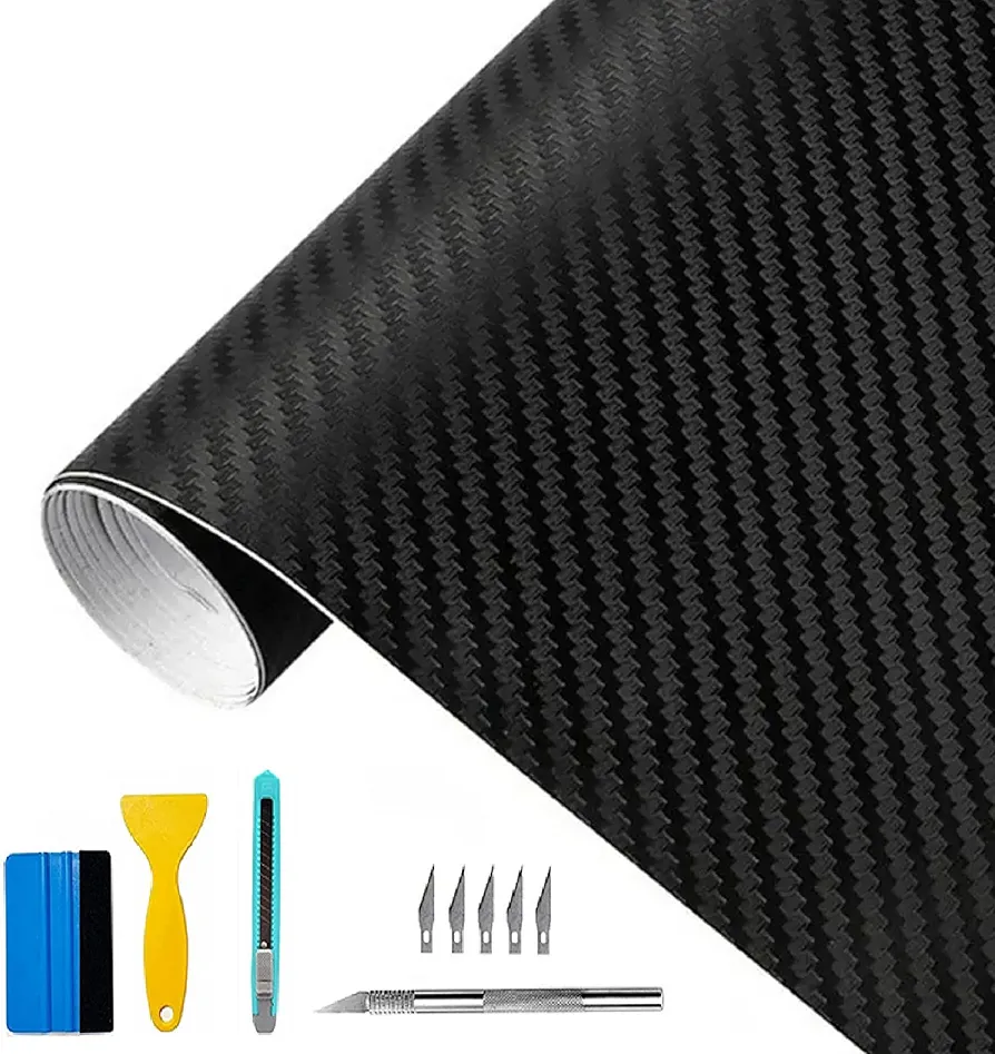 Lypumso 3D Black Carbon Fiber Vinyl Wrap with Tool Kits, Air Release Technology Car Wrap Vinyl Roll, Self Adhesive Wrap Stickers Waterproof Film Auto Exterior Interior Decoration 1ft x 13ft