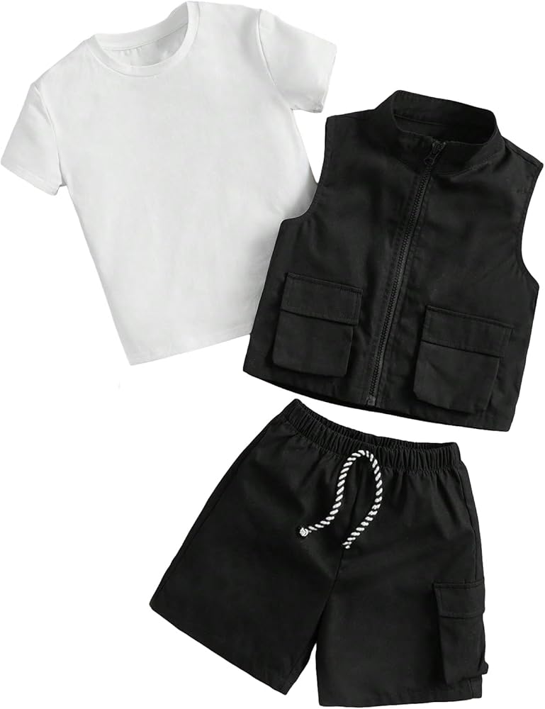 Verdusa Boy's 3 Piece Outfits Solid Tee Sleeveless Zip Up Cargo Vest and Shorts Sets