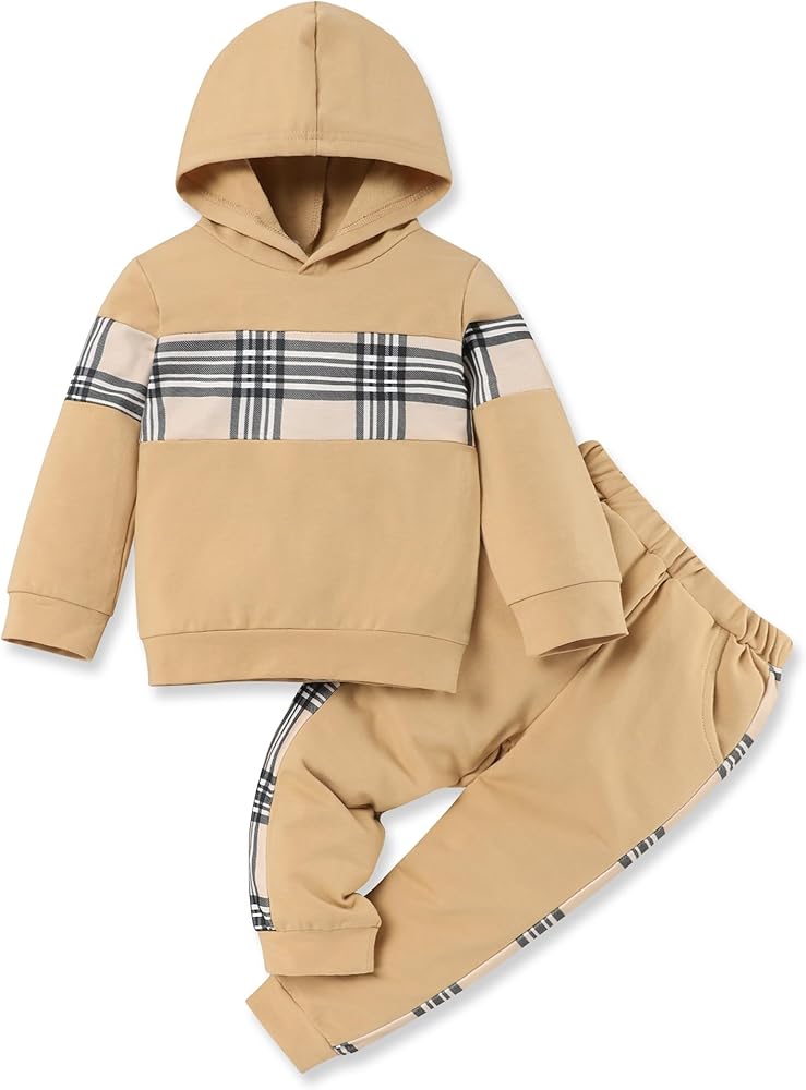 Toddler Boy Clothes Kid Fall Outfit Plaid Patchwork Hooded Long Sleeve Sweatshirt Pants Outfits Sets