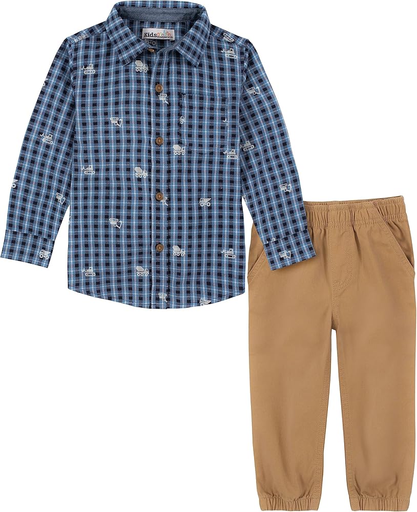 Kids Headquarters boys 2-piece Button Down Shirt & Pant Set, Everyday Casual Wear, Comfortable Fit2 Pieces Pant Set