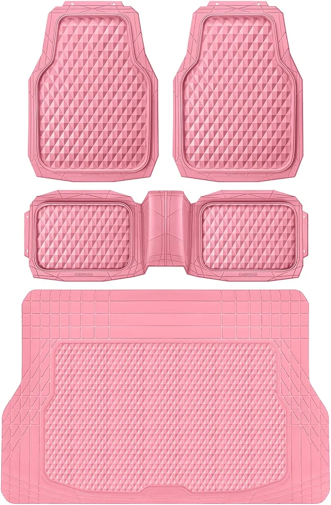 CAR PASS Heavy Duty Rubber Pink Car Floor Mats & Cargo Liners, Deep Dish All-Weather Trunk Mats Durable Anti-Slip 3D Rhombus Waterproof Trim to Fit Liner Universal Fit Auto,Sedan,SUV,Truck, Peach Pink