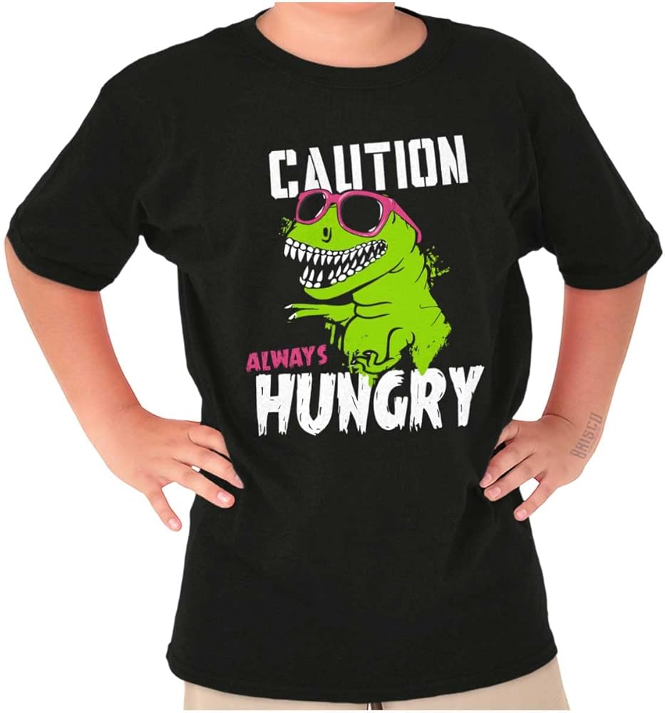 Caution Cool Dinosaur Always Hungry Boys Kids T Shirt Tees Tops