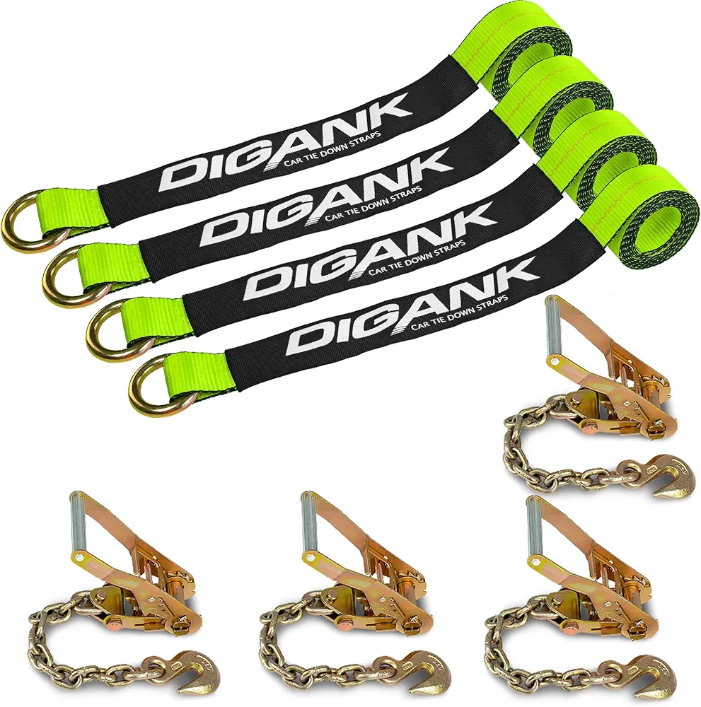 Heavy Duty Car Tie Down Straps (4PK) - 2" x 96" - 3,300 lbs Safe Working Load - Wheel Straps Comes with 5/16" Tow Hooks (Green)