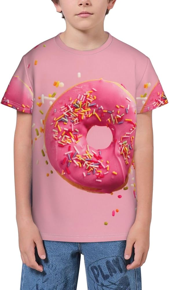 Pink Donut Christmas Teen Boys Short Sleeve Crew Neck T-Shirt Casual Tee Tops for Youth Kids