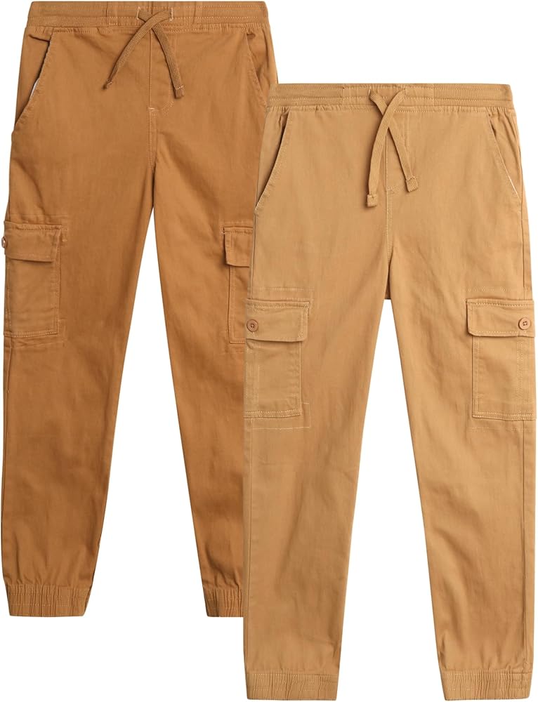 Boys' Cargo Pants - 2 Pack Casual Stretch Twill Jogger Pants - Cargo Pocket Pants for Boys (8-16)