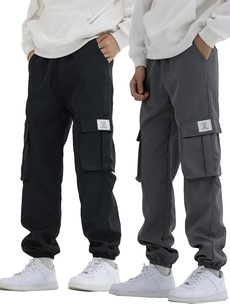 Verdusa Boy's 2 Piece Cargo Pants Elastic Waist Workout Sweatpants Joggers with Flap Pockets