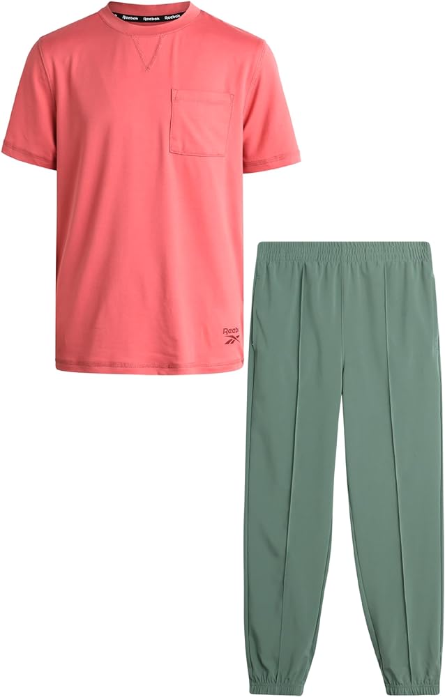 Reebok Boys' Pants Set - 2 Piece Short Sleeve T-Shirt and Woven Hybrid Tech Jogger Pants - Spring Outfit Set for Boys (8-12)