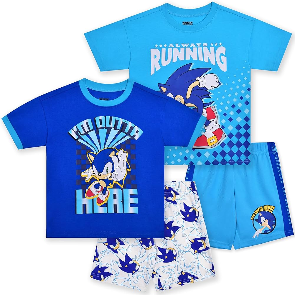 SEGA Sonic the Hedgehog Boys Mix and Match Short Sleeve T-Shirt and Shorts 4 Piece Set For Big Kids