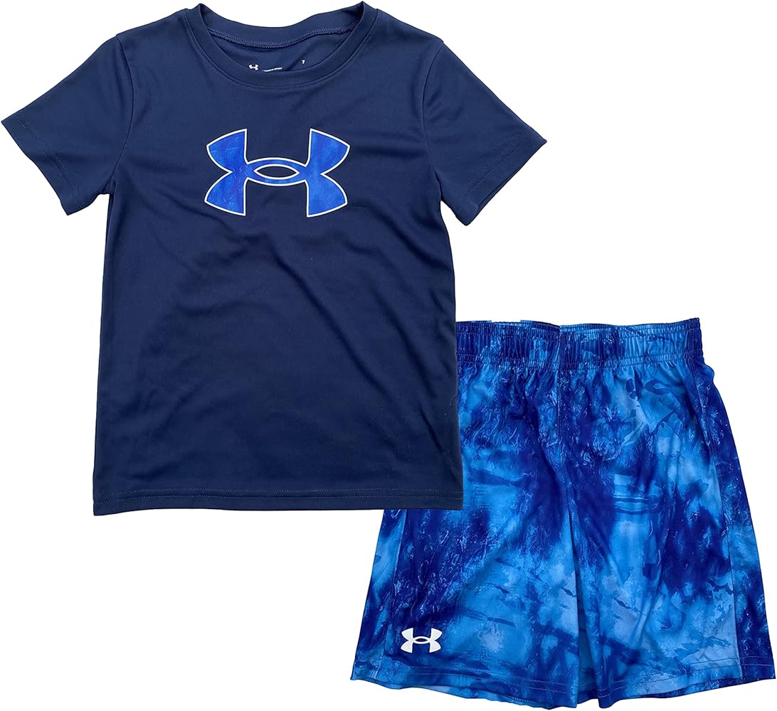 Under Armour Boy`s Short Sleeve Shirt and Short 2 Piece Set (Navy(410)/Blue, Youth Small)