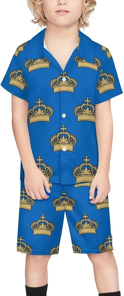 Golden Royal Crowns Boy's Beach Suit Set Hawaiian Shirts and Shorts Short Sleeve 2 Piece Funny