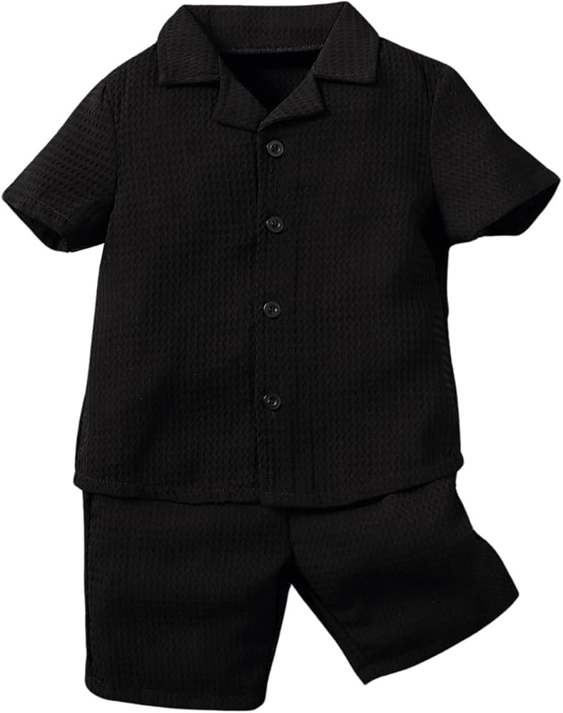 Boy's 2 Piece Outfits Waffle Knit Short Sleeve Lapel Button Down Shirts Tops and Track Shorts Set