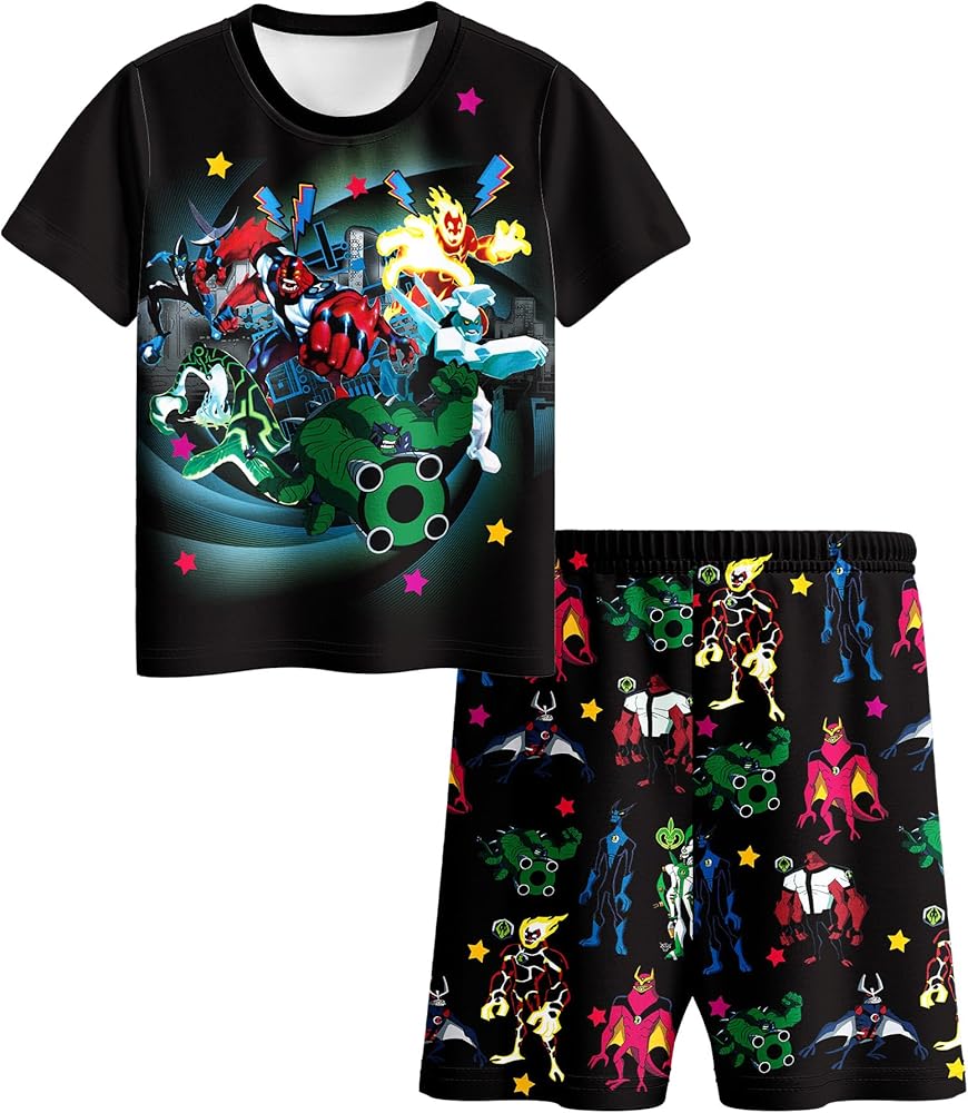 Kids Ben's Aliens T-Shirt Set Boys Cartoon Shirt Short Sleeve Top and Pants Outfit 4-10 Years