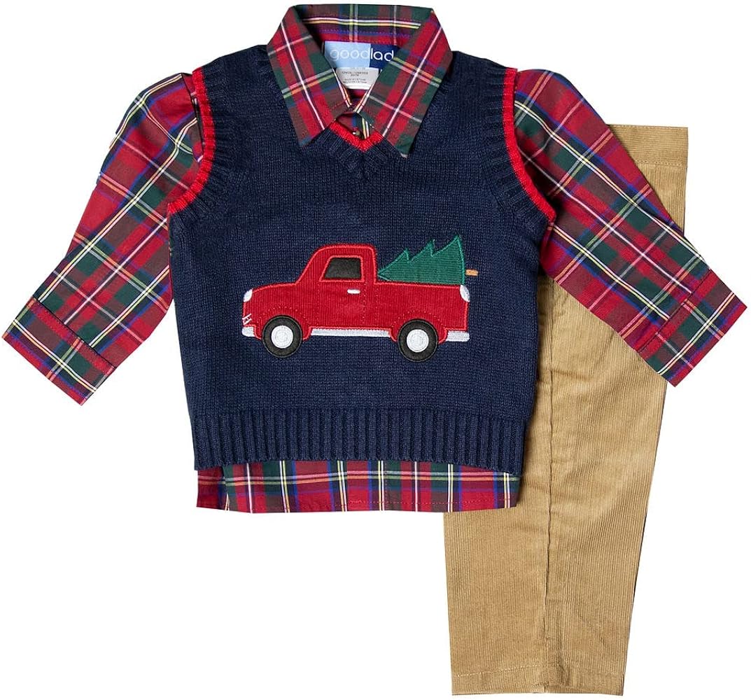 Good Lad Toddler Boy Navy Three Piece Sweater Vest Set with Christmas Themed Applique