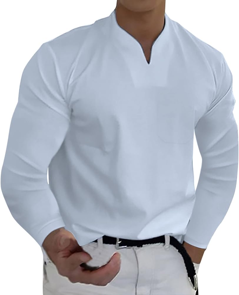 Men Spring Spring &Winter Casual V Neck Solid Long Sleeve Tee Shirt Top Blouse Boy Indoor Slipper FFFG White