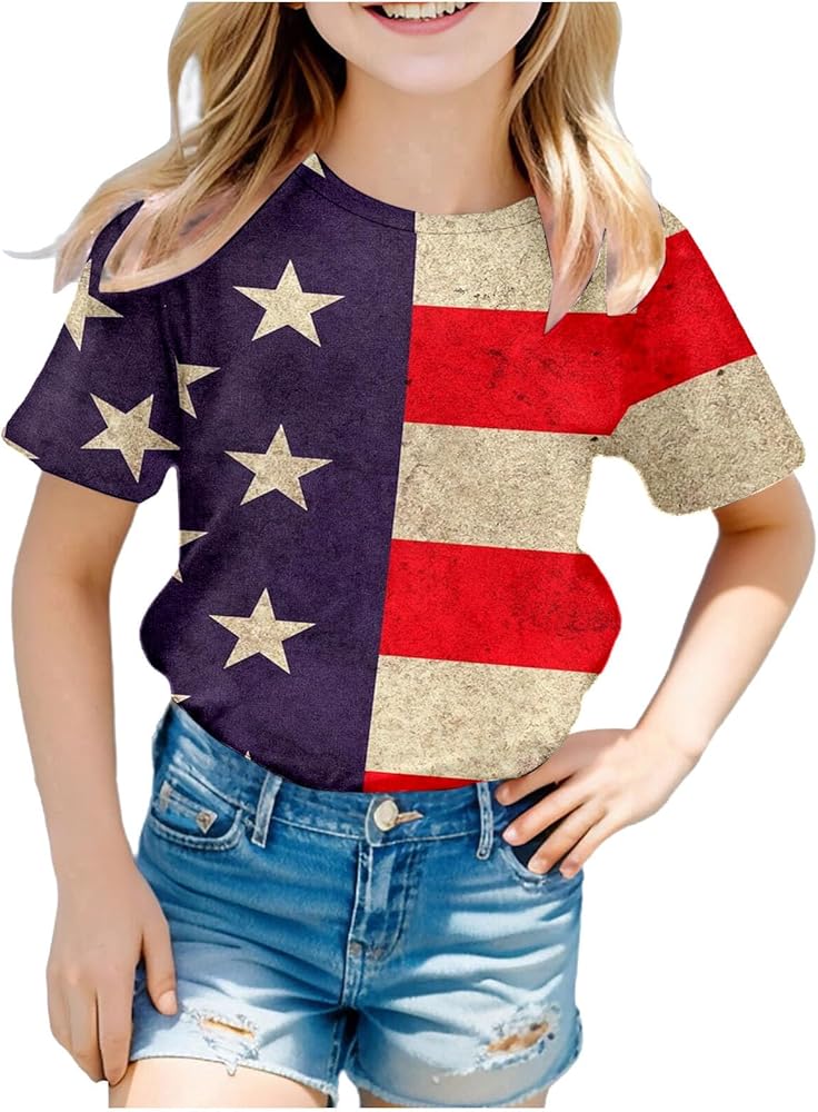 4th of July T Shirts for Kids Fashion Short Sleeve American Flag Graphic Tees Casual Independence Day Tees Shirts