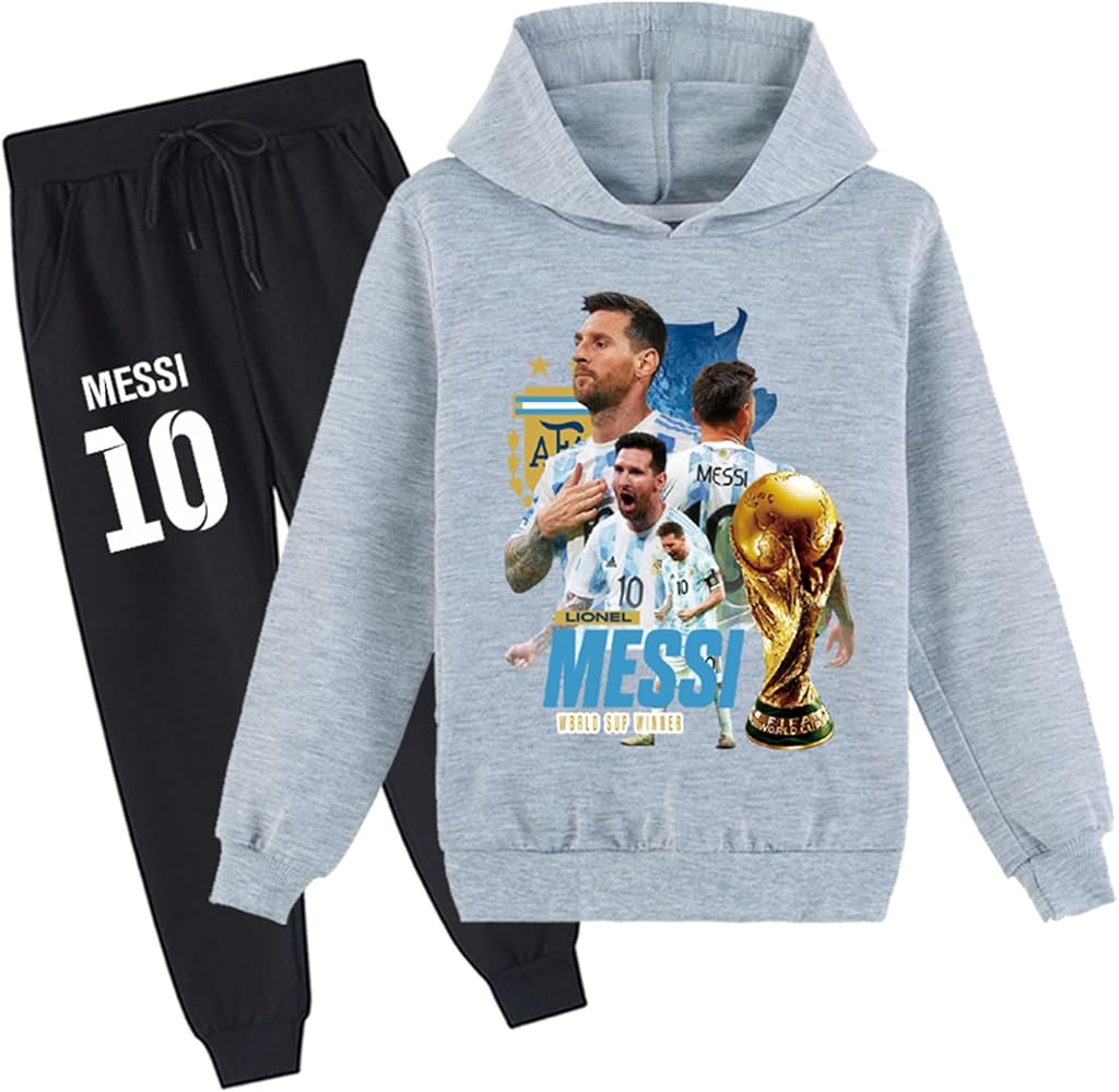 PaPama Kids Graphic Long Sleeve Sweatshirts and Sweatpants Set,Lionel Messi Hoodie Lightweight Pullover Tracksuit for Boys