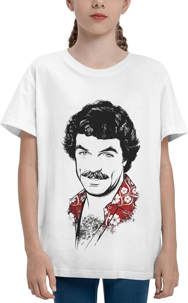 Tom Actor Selleck Shirt Boy's Girl's T Shirts Short Sleeve Graphic Tees Summer Casual Crewneck Tops White