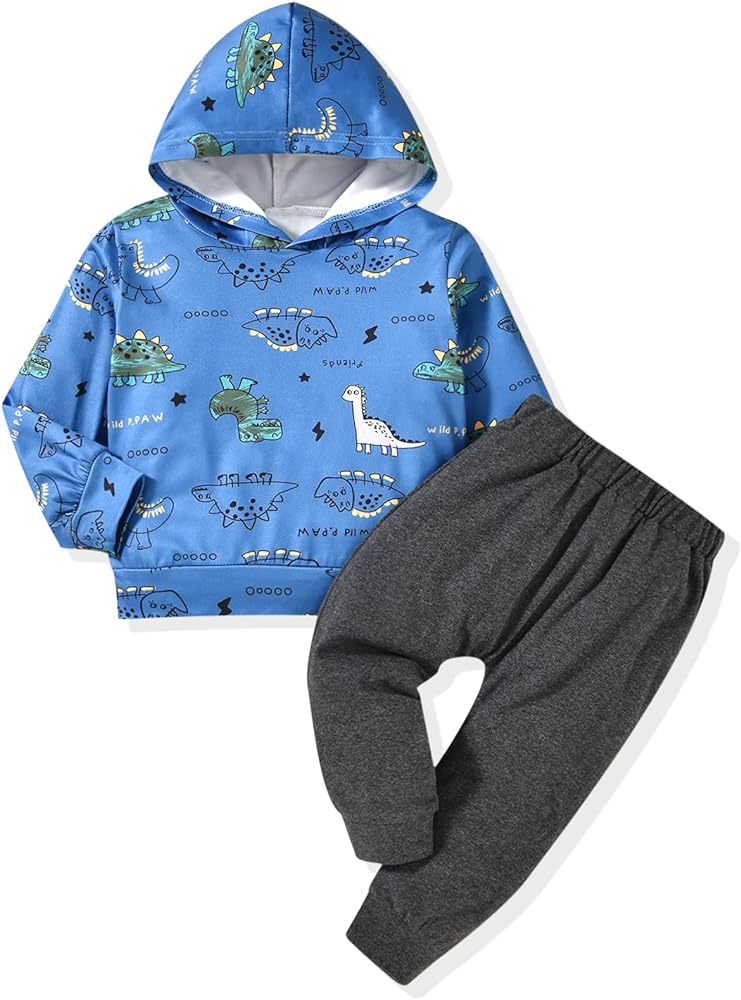 HINTINA Baby Boys Dinosaur Long Sleeve Hoodie Tops Sweatsuit Pants Winter Outfit Set